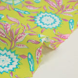 Indian cotton printed turquoise porcelain flowers anise green background