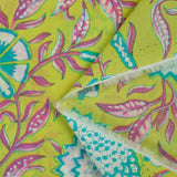Indian cotton printed turquoise porcelain flowers anise green background