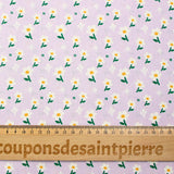Popeline de coton imprimée marguerite blanche fond mauve