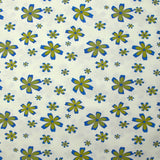 Bengaline coton imprimé fleurs anis et bleu roi fond blanc cassé
