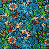 Coton imprimé Retro Flower turquoise et vert