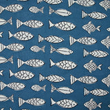 Coton indien imprimé poissons fond bleu pétrole
