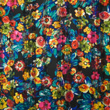 Mousseline imprimée bande satin fleurs en gouache fond noir