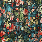 Mousseline imprimée bande satin Flora canard, kaki et rouille fond noir