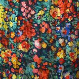 Mousseline imprimée bande satin Flora corail, jaune et vert d'eau fond marine