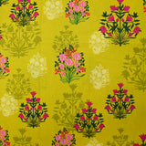 Popeline de coton imprimée fleur ornementale fuchsia fond anis