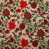 Popeline de coton imprimée fleurs folklorique rouge et vert fond écru