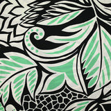 Satin de viscose imprimé jungle tribal vert et blanc fond noir