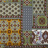 Satin de viscose imprimé patchwork ornement marron, vert pomme et ocre