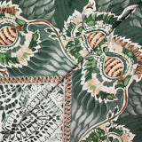 Twill polyester imprimé frise florale verte et marron fond blanc cassé