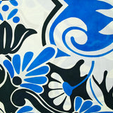Voile de coton imprimé arabesque bleu et noir fond blanc