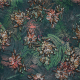 Mousseline imprimée crinkle feuilles et fleurs marron et vert fond pétrole