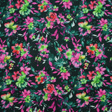 Coton imprimé fleuri graphique vert forêt et fuchsia fond noir