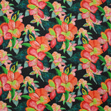 Coton imprimé fleurs exotiques corail et vert fond noir
