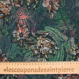 Mousseline imprimée crinkle feuilles et fleurs marron et vert fond pétrole