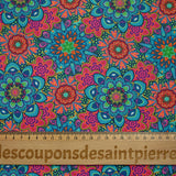 Coral, blue and pink mandala printed cotton