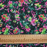 Coton imprimé fleuri graphique vert forêt et fuchsia fond noir
