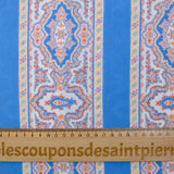 Voile de viscose imprimé bande fleurie et rayure bleu azur