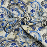 Polycoton imprimé cachemire bleu, beige et gris