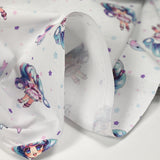 Coton imprimé kawaii bleu et rose fond blanc