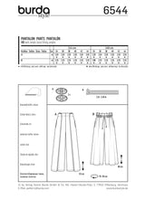 Patron Burda n°6544:  Pantalon jambes amples