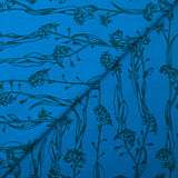 Popeline de coton imprimée fleur fine noir fond turquoise