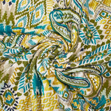 Viscose matelassée double face ikat et cachemire vert et ocre au mètre