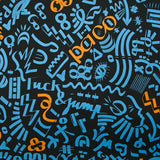 Light cotton satin with blue and orange graffiti print, black background