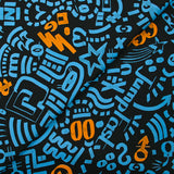 Light cotton satin with blue and orange graffiti print, black background