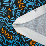 Light cotton satin with blue and orange graffiti print, black background