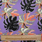 Lin viscose imprimé pluie de monsteras fond violet