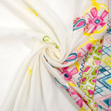 Voile de coton brodé festonné Perla canard, vert et fuchsia fond blanc cassé