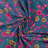 Cotton corduroy printed with wind of flowers, barbel blue background