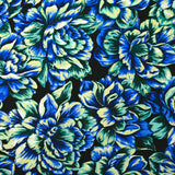 Maille de viscose satinée imprimée hortensia bleu fond noir