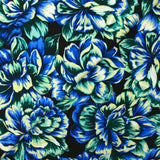 Maille de viscose satinée imprimée hortensia bleu fond noir