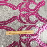 Tulle sequin plumes royales argent et fuchsia