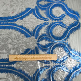 Tulle sequin plumes royales argent et bleu roi