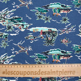 Lin et coton imprimé Hawaiian tropics fond bleu