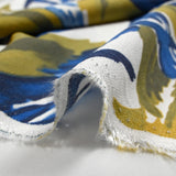 Crêpe viscose imprimé jungle anis et bleu fond blanc