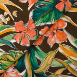 Voile de viscose imprimé Hawaiian hibiscus orange corail fond marron