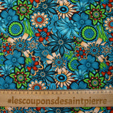 Coton imprimé Retro Flower turquoise et vert