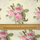 Satin polyester imprimé fleurs rosier fond ivoire