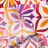 Polycoton imprimé faïence rose, violet et moutarde fond blanc
