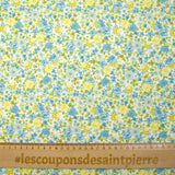 Piqué de coton imprimé les fleurs de Sarah bleu et jaune fond blanc