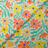 Lin viscose imprimé fleurs rétro corail et jaune fond blanc