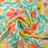 Lin viscose imprimé fleurs rétro corail et jaune fond blanc