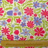 Lin viscose imprimé fleurs rétro fuchsia et lavande fond blanc