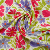 Lin viscose imprimé fleurs rétro fuchsia et lavande fond blanc