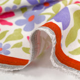 Lin viscose imprimé fleurs rétro fuchsia et lavande fond blanc