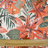 Viscose imprimée fleurs de la jungle corail fond blanc